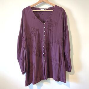 J. Jill Burgundy Plum Floral Embroidered Button Front Long Sleeve Tunic Size L